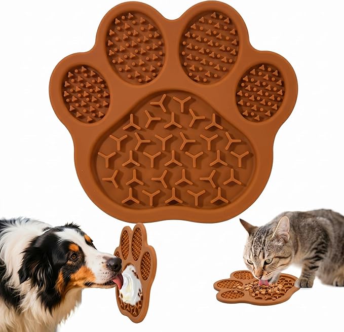Lick Mat for Dogs and Cats, Slow Feeder Mats with Suction Cups - Bathing, Grooming and Training, Anxiety Relief Feeding Pad,Dishwasher-Safe (PBW03-Brown-paw)