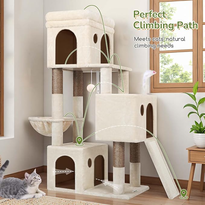 Globlazer 52in Cat Tower for Multiple Indoor Cats, Heavy Duty Multi-Level Cat Tree with 3 Cozy Condos, 4 Natural Sisal Scratching Posts and Cozy Basket Bowl, F52B, Beige
