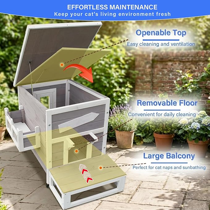 Rockever Heated Cat House for Outside Cats in Winter, Large Heated Cat Houses with Heating Pad, Wooden Outside Cat Shelter Weatherproof with Escape Door