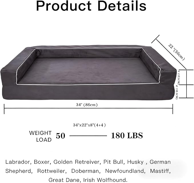 Orthopedic Dog Bed Medium - 4" Solid Memory Foam Pet Bed for Arthritis Relief & Hip Dysplasia - Bolster Style with YKK Zippered Waterproof Washable Cover & Bottom for Senior Dogs 10-50lbs