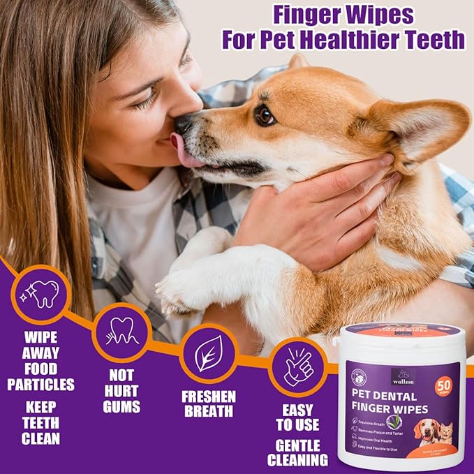 Teeth Cleaning Finger Wipes for Dogs & Cats, Soft Pet Dental Care Wipes, Disposable Pet Tooth Brushing Wipes, Gentle Cleaning & Gum Care Finger Pet Wipes (100 Wipes)