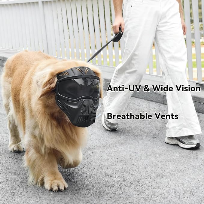 Dog Goggles Large Breed, Anti-UV Dog Sunglasses for Full Face Protection, Pet Mask with Breathable Holes for Outdoor Camping Hiking Hunting, Adjustable, Black