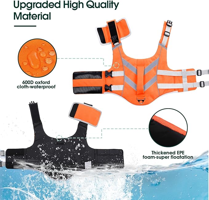 Kuoser Dog Life Jacket with Reflective Stripes, Dog Life Vest for Swimming Boating, Adjustable Pet Lifejackets with High Flotation, Doggie Swimsuit for Small Medium Large Dogs