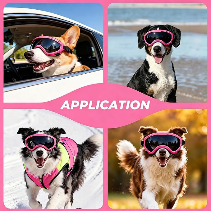 Dog Goggles for Medium to Large Breeds, UV Protection Dog Sunglasses with PC Lens, Soft TPU Frame and Adjustable Straps, Windproof Dustproof Anti-Fog Pet Eyewear for Outdoor Activities (Pink Frame)