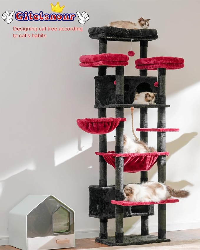 Gitelsnour Cat Tree for Indoor Cats Large Adult, 74" Cat Tower for with 3 Big Platforms, 2 Baskets, 2 Condos, Multi-Level Cat Scratching Posts, Black and Red GCT030BR