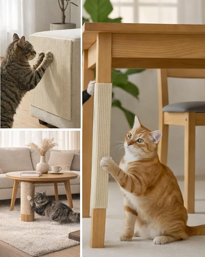 Corner & Wall Cat Scratch Mat, Self-Adhesive Trimmable Cat Scratcher, Wall Mounted Scratching Pad for Indoor Cats, Sofa Furniture Protector, Cat Post Cover Replacement (Beige, 23.6''x11.8'', 3-Pack)