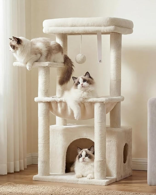 Heybly Cat Tree, Kitten Tower with Large Soft Cat Basket,Cat Condo with Spacious Cat Bed Cave with Hidden Space，Sisal-Covered Scratching Posts,Dangling Ball for Indoor Cats, Beige HCT008SM