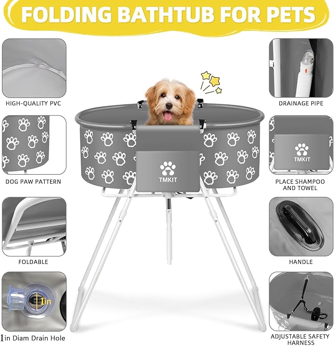 Dog Bathtub for Dogs, Elevated Dog Bath Tub for Pet Grooming and Bathing Shower, Portable, Foldable with Safety Lock, Professional Pet Washing Station for Small Midel Dogs Cat (Gray)