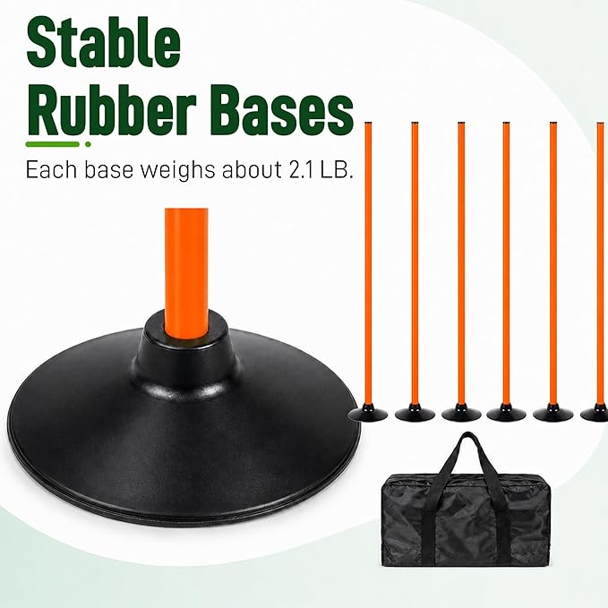 6 Pack Soccer Agility Training Poles, 5 FT Adjustable Speed and Agility Training Equipment for Football/Basketball/Dog Practice, Bending Poles for Horses with Rubber Bases and Carry Bag