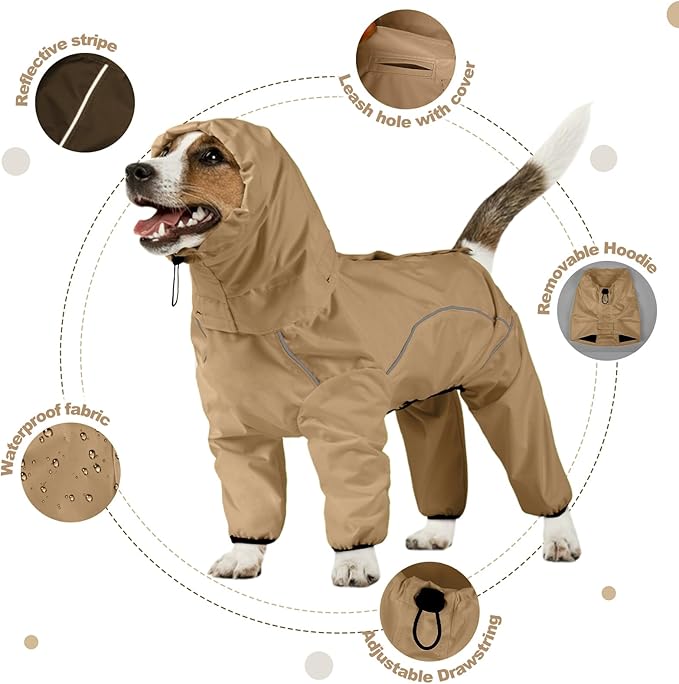 Dog Raincoat, Waterproof Dog Rain Jacket with Removable Hood，Adjustable 4 Legs Pet Poncho with Leash Hole，Reflective Stripe Hooded Snowproof Windproof Clothes for Small to 3X-Large Dogs, L