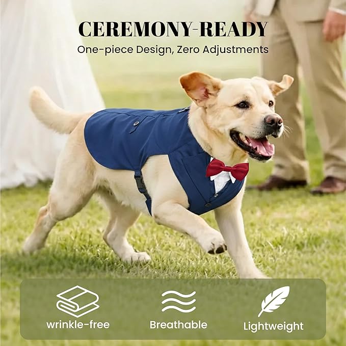 AVERYDAY Dog Tuxedo with Bow Tie for Wedding Outfit, Dog Suit Costume for Christmas Halloween Valentine’s Day, Adjustable Pet Tux Harness with Leash Ring, Formal Wear for Small Medium Large Dogs