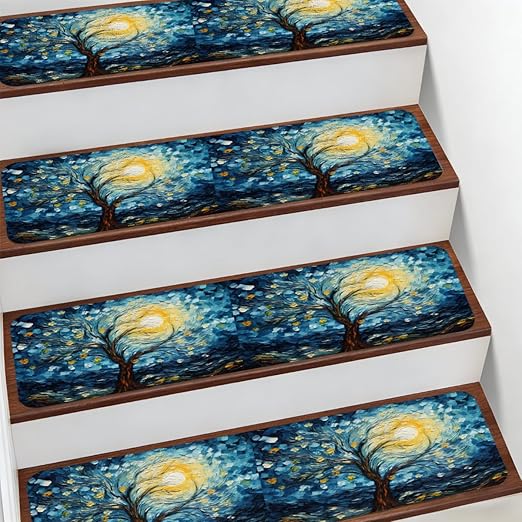 Abstract Tree Starry Sky Stair Treads for Wooden Steps Indoor Washable Staircase Carpet 10PCS 30"x7.8" Stair Step Treads Non-Slip Staircase Covers Peel and Stick Safety Mat for Kids Elders Pets