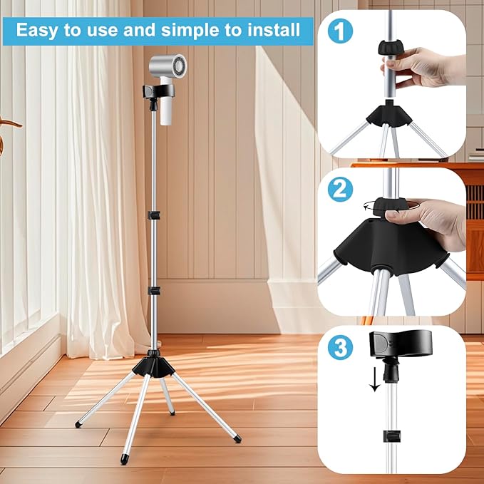Hair Dryer Stand Holder 29-59Inch Adjustable Hands-Free Blow Dryer Holder with 360-Degree Rotation, Non-Slip Tripod, Universal Clip & Storage Bag for Bathroom, Vanity, Makeup Room