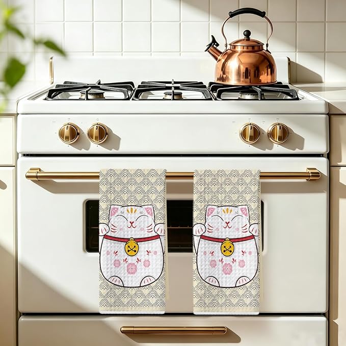 2 Pcs Cute Cat Kitchen Towels 14x24 Inch, Adorable Cats Waffle Hand Towels for Kitchen Home Farmhouse, Cat Lover Gifts for Cleaning Drying Wiping Tasks Dish Cloth Tea Towel Housewarming Gifts