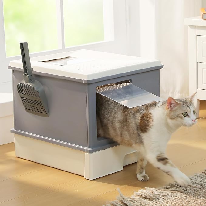 PAWZ Road Large Cat Litter Box, Dual Entry Litter Box with Lid, Fully Enclosed Drawer Type Cat Litter Box for Large Cats,Gray