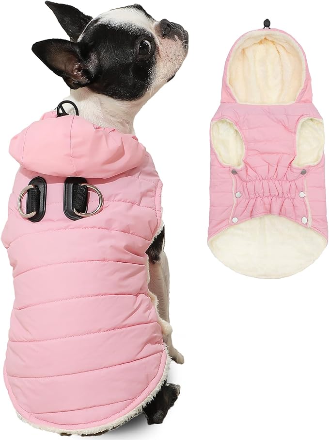Vecomfy Fleece Lining Dog Hoodie with Harness Built in,Extra Warm Medium Dog Jacket in Winter Doggie Coats with Drawstring Hooded,Light Pink L