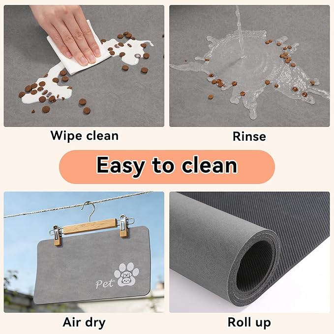 Dog Cat Feeding Mat-Absorbent Pet Bowl Mat for Food and Water, Quick Dry Water Dispenser Mat for Floors with Waterproof Rubber Backing, Large Dogs Placemat Mats for Messy Drinkers,17"x27",Grey
