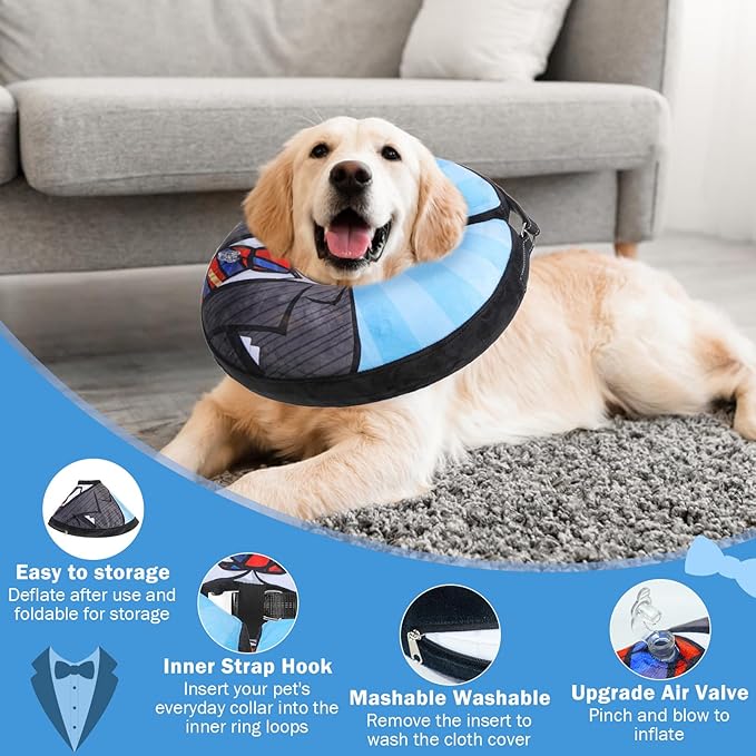 SCENEREAL Dog Cone Alternative After Surgery Donut Collar, Soft Pet Recovery Pillow Collar for Medium Large Dogs, Inflatable Adjustable Neck Collars to Prevent Licking, Black Suit S