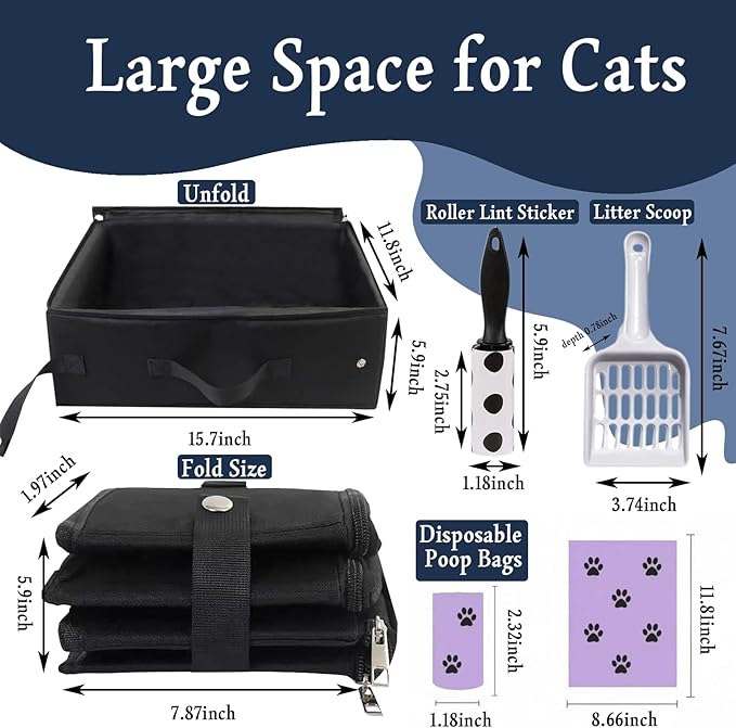 Portable Cat Litter Box, Foldable Cat Travel Litter Box with Zipped Lid and Free Litter Scoop, Bag, Roller,No Smell, Waterproof, Leak-Proof, Easy to Use in Hotels and Other Outdoor Use(Black)