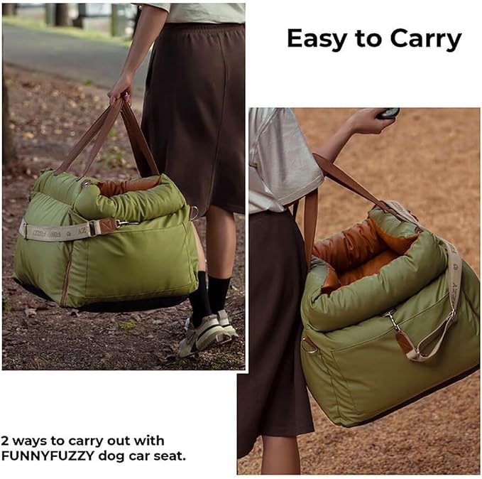 FUNNYFUZZY Luxury Dog Car Seat for Small Medium Dogs Under 35 lbs, Waterproof Leather Pet Booster Seat with Safety Leash & Anti-Slip Base, Fully Padded Dog Car Bed, Portable Puppy Carrier(Green)