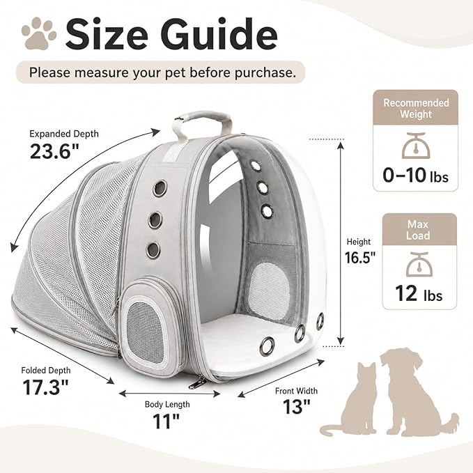 Expandable Cat Carrier Backpack for Cats & Dogs, Bubble Window Pet Travel Backpack with Breathable Mesh, Anti-Collapse Structure, Side Door, Safety Leash, for Vet Visits, Hiking, Outdoor, Grey