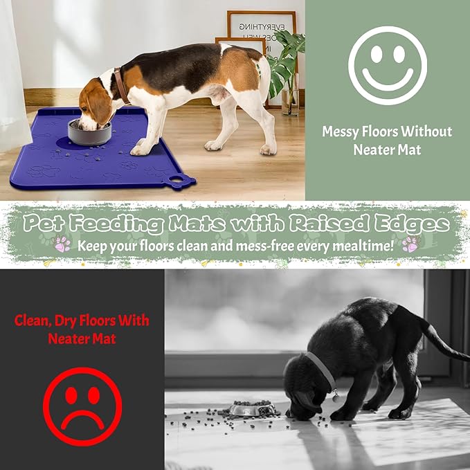 Silicone Dog Food Mat With Residue Collection Pocket - Waterproof Pet Feeding Mat for Cats and Dogs, Raised Edges, Hooks, Placemats for Water Bowl