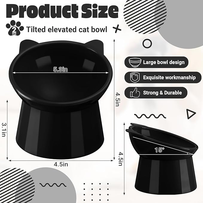 Zhehao 2 Pcs Elevated Cat Bowl Set, Tilted 15° Plastic Raised Food and Water Bowls Anti Vomit Pet Feeding Dishes for Indoor Cats/Small Dogs(Cat Ears,Black)