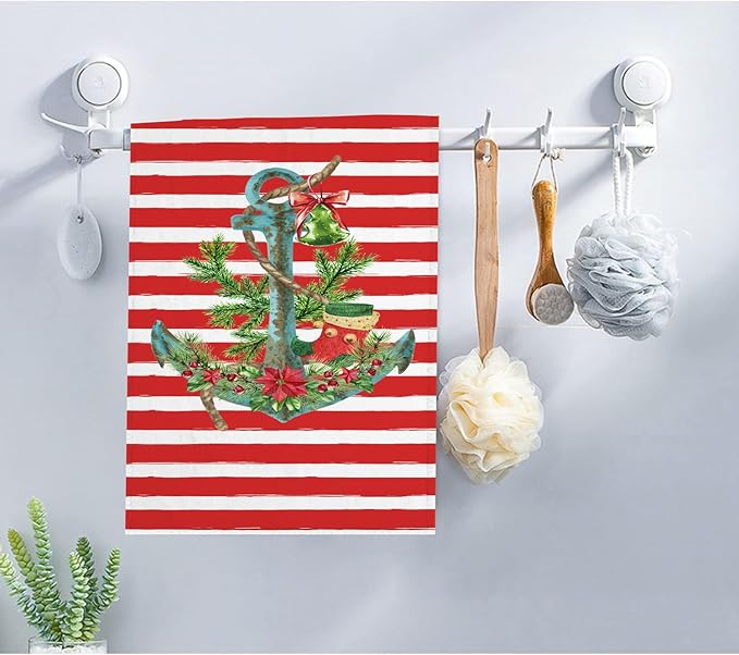 2 PCS Christmas Anchor Hand Towels Soft Microfiber Blue Red Stripes Holly Berry Flower Snow Kitchen Towel for Bathroom Yoga Gym Winter Merry Bright Decorative Towels 13.8"X29.1"