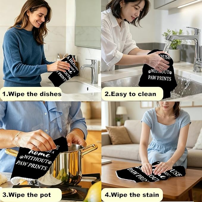 House Warming Gifts New Home, Dog Themed Gift Kitchen Towels 24x14 Inch, Dogs Mom Gifts for Women, Dog Decorations for The Home Bathroom, Paw Prints Kitchen Tea Hand Towels, Waffle Dish Towel (Black)