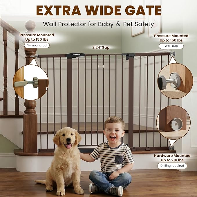 Mumeasy 36" Extra Tall Baby Gate for Doorways, 29.7"-57" Extra Wide Dog Gate for Stairs, Pressure Mounted Auto Close Pet Safety Gate with Easy Walk Thru Door, Large Indoor Child Gate for House, Brown