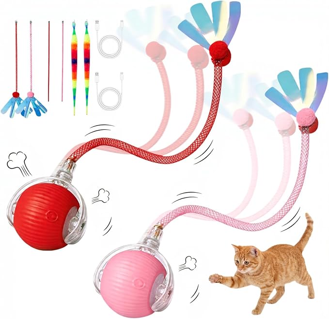 Rechargeable Smart Rolling Cat Ball, Automatic Interactive Cat Toy with 3 Modes, LED Light & 3 Replaceable Accessories, Indoor Cat Exercise Toy for Kittens & Adult Cats, for Boredom Relief red+pink