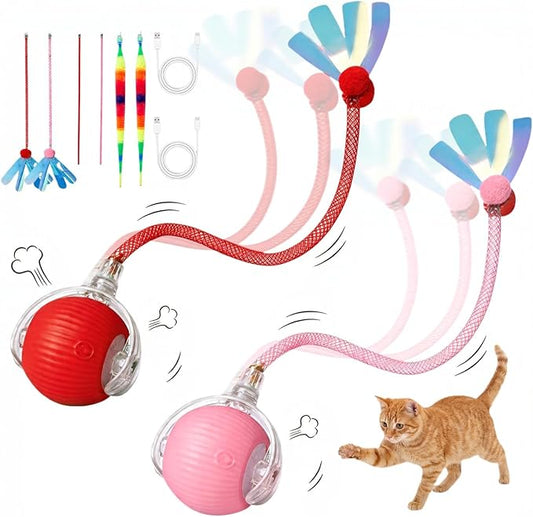 Rechargeable Smart Rolling Cat Ball, Automatic Interactive Cat Toy with 3 Modes, LED Light & 3 Replaceable Accessories, Indoor Cat Exercise Toy for Kittens & Adult Cats, for Boredom Relief red+pink