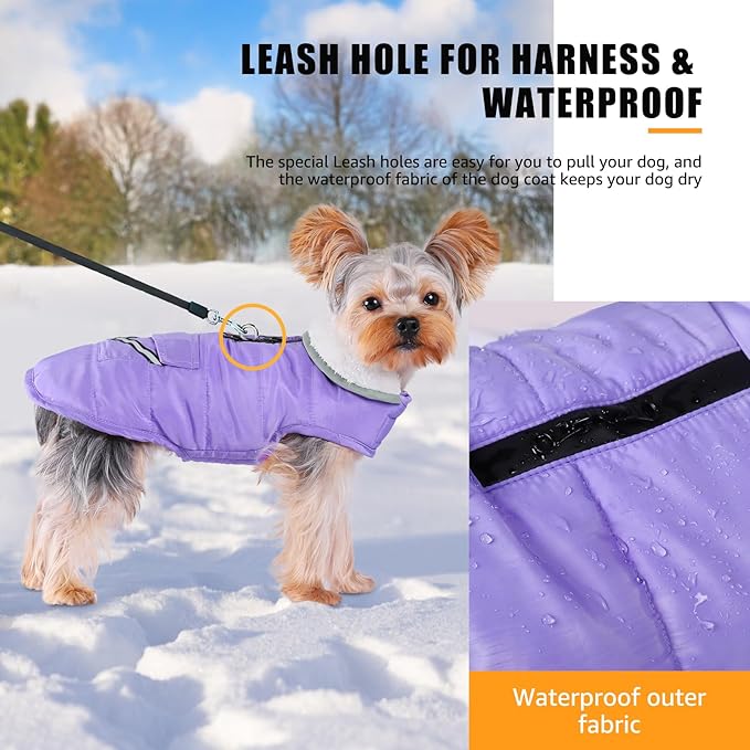 Dog Winter Coat for Extra Small Dogs, Easy on XS Dog Snow Jacket Velcro Waterproof Pet Puffer Clothes with Harness Hole Adjustable Reflective Quilted Dog Cold Weather Vest for Girl 8-12 Pounds