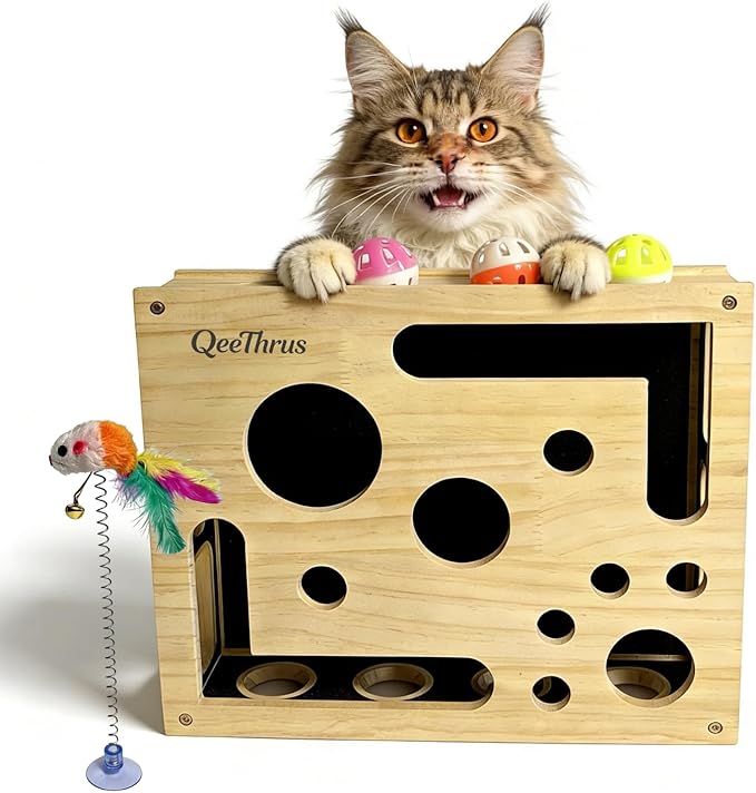 Cat Nail File Scratcher Puzzle Box, Wooden Claw Saver Maze with Built-in Sandpaper for Clipper-Free Claw Care, Treat Enrichment Toy for Indoor Cats