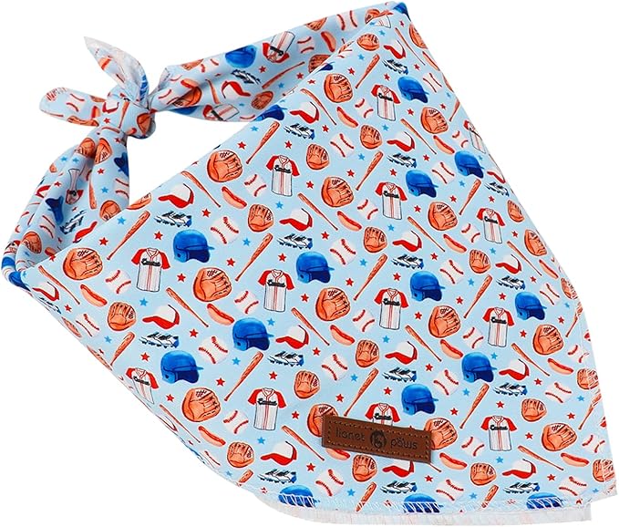 Lionet Paws Summer Blue Baseball Dog Bandana Washable Cotton Handkerchief Scarf Triangle Blue Bandana for Medium Large Dogs Girl Boy