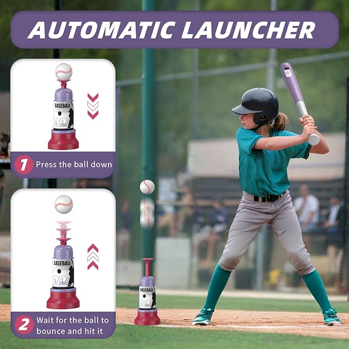 Wee Wonders 3-in-1 T Ball Set - Adjustable Height, Hanging Tee Ball Set with Automatic Pitching Machine/6 Balls/Retractable Bat, TBall Stand Suit for Outdoor, Sport Toys Gifts for Kids Girls Age 3+
