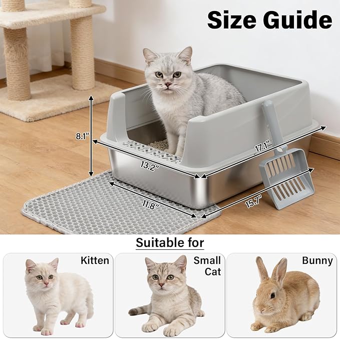 Stainless Steel Litter Box with Lid,Metal Kitty Litter Box for Small to Medium Cats,Low Entry Cat Litter Box with Scoop and Mat,Non-Stick,Anti-Leakage,Easy to Clean