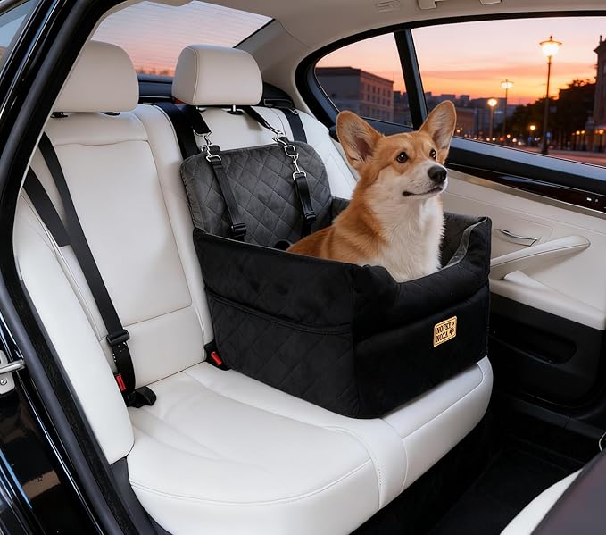 Dog Car Seat for Small Dogs & Cats Up to 45 lbs | Elevated Pet Booster with Washable Cover, Safety Straps, Storage Pocket – Fits Cars, Trucks, SUVs, Front/Back Seat