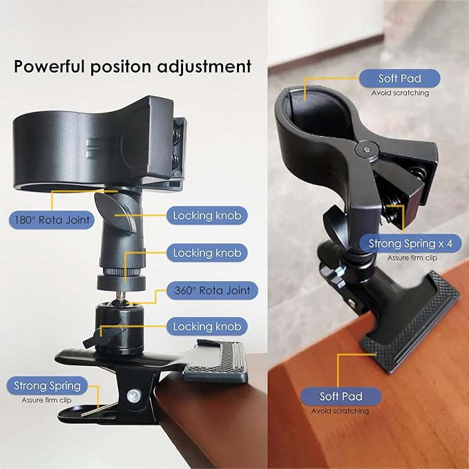 Rotatable Hair Dryer Holder with Sturdy Metal Clamp, 360-Degree Adjustable Table Mount, Black