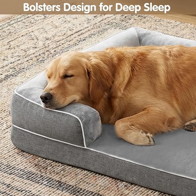 Orthopedic Dog Bed Set for X Large Dogs,Memory Foam Bed 42x30inch,Washable Removable Cover with Dog Bed Bolster Pillows & Egg Crate Support,Grey,