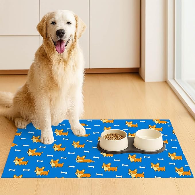 HOMETITUTE 24x16 inch Cute Corgi Design Non Slip Pet Food Mat Dog Bowl Placemat for Food and Water Small Pet Bowl Mats Cat Food Mats Easy to Clean Feeding Mat for Small Pets