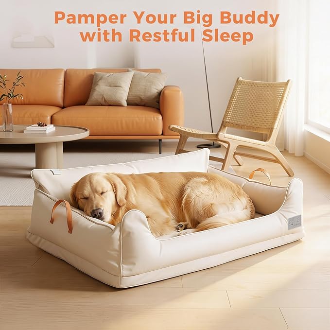 Removable Orthopedic Dog Beds for Large Dogs, Leather Memory Foam Dog Sofa Bed, Waterproof Durable Dogs Bed Couch with Non Skid Bottom for All Pet Sizes (Beige, Medium)