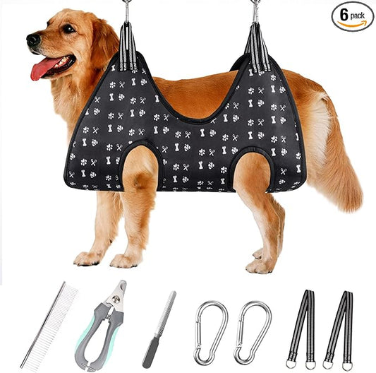 Pet Grooming Hammock Harness with Nail Clippers/Trimmer, Nail File, Comb, Cute Printed Breathable Cats & Dogs Hammock Sling for Grooming (XL, Black)