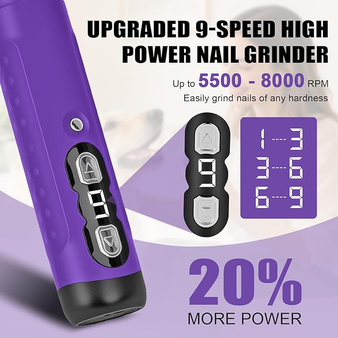 Dog Nail Grinder, 9-Speed Professional Quiet Electric Trimmer for Large Medium Dogs, with Quick Sensor Guard, 2 LED Lights, 2000mAh USB Rechargeable (Purple)