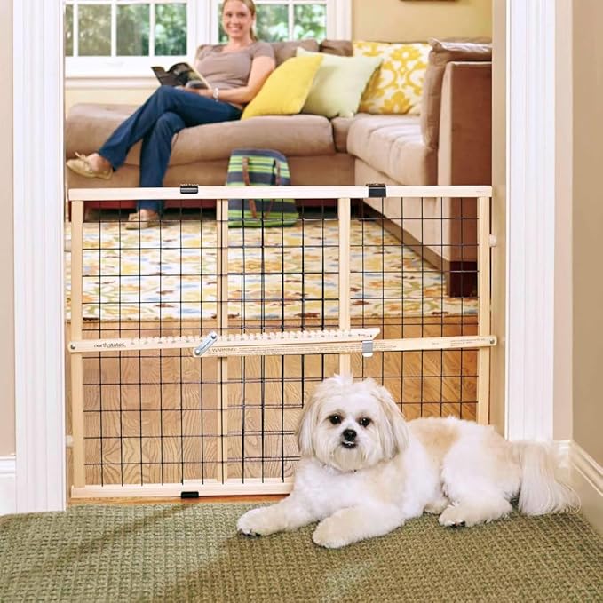 MYPET Wire Mesh Dog Gate: 26.5"-42" Wide Pressure Mounted with No Tools; Expandable, Durable Pet Gates for Doors and Hallways, 23" Tall, Made with Sustainable Hardwood