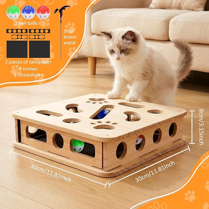 Cat Scratch Puzzle Enrichment Box, Cat Nail File Enrichment Box, Includes Replacement Sandpaper, 3 Bell Balls & 1 Teaser Wand,Wooden Puzzle Treat Toy Box Stimulate Cat Instincts for Bored Cats