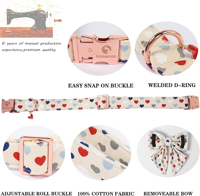 DOGWONG Dog Bow Collar Valentine's Day Dog Collar -Hearts Print Dog Collar with Bowtie Spring Dog Collars Pet Collar Bows Cute Collars,XL