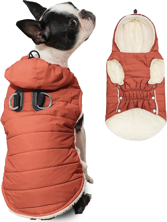 Vecomfy Fleece Lining Dog Hoodie with Harness Built in,Extra Warm Small Dog Jacket in Winter Puppy Coats with Drawstring Hooded,Orange M