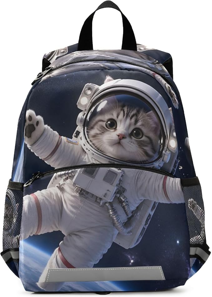 Astronaut Cat Toddler Backpack with Harness Leash Chest Buckle, Kids Schoolbag for Nursery Kindergarten Girls Boys 10.2×5.9×12.9 inch