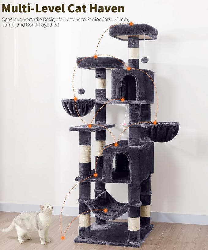 AMHANCIBLE 70 Inch Cat Tree for Large Cats, Multi-Level Cat Tower Condo with 2 Houses & Hammock for Indoor Cats, Tall Heavy Duty Kitty Playhouse, Dark Grey, PT18DG